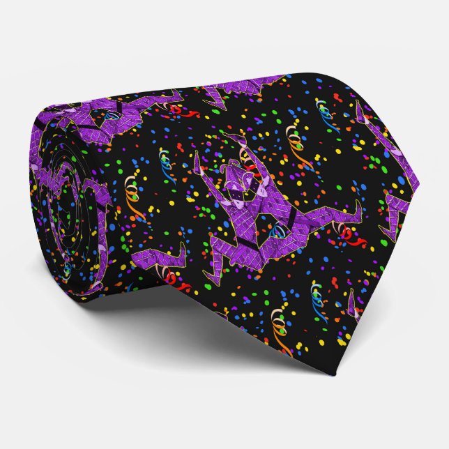 Mardi Gras Carnival Purple Jesters And Confetti Tie (Rolled)