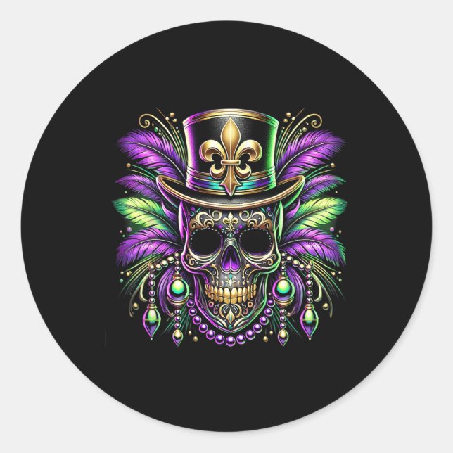 Mardi Gras Carnival Skull New Orleans Outfit Parad Classic Round Sticker (Front)