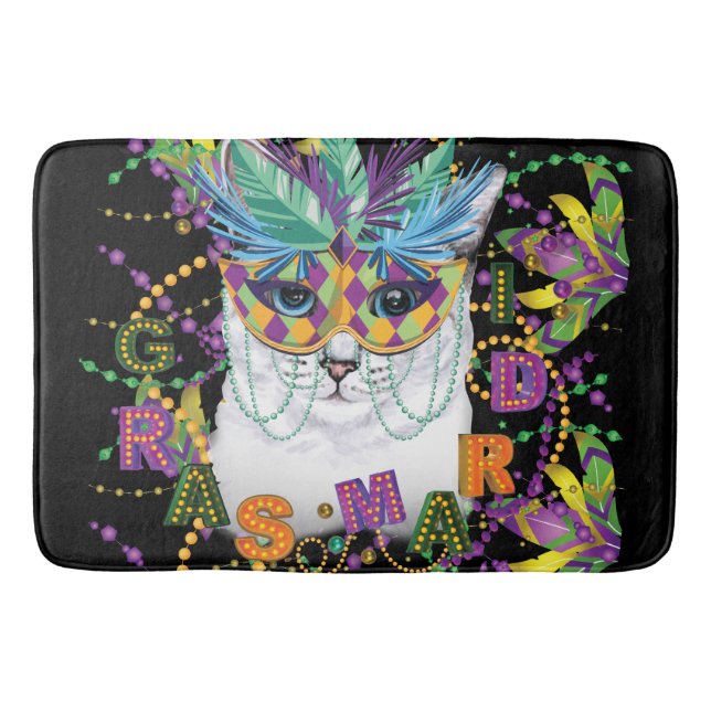 Mardi Gras Cat, Funny Mardi Gras Bath Mat (Front)