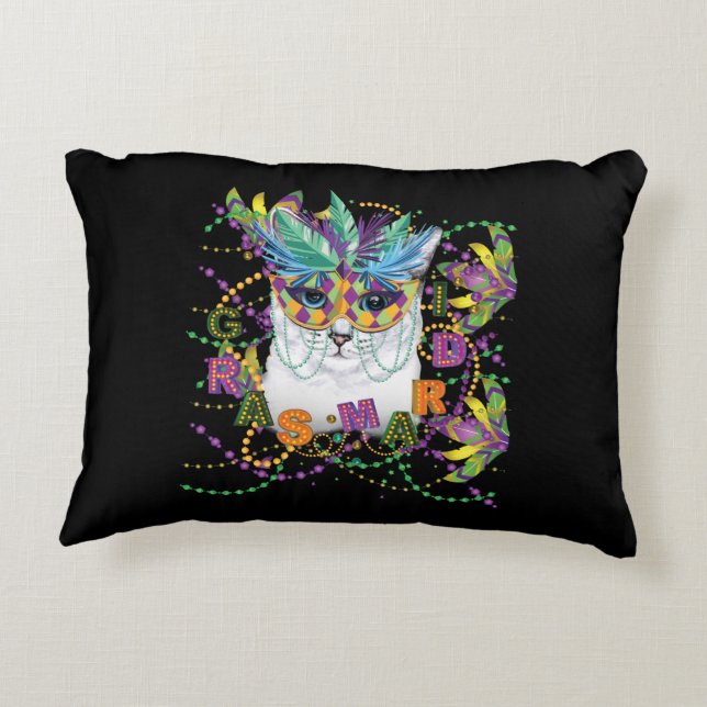 Mardi Gras Cat, Funny Mardi Gras Decorative Cushion (Back)