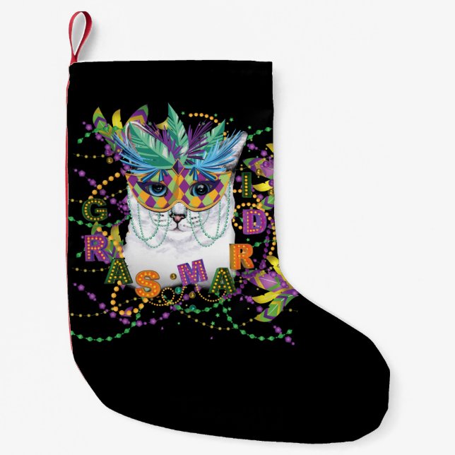 Mardi Gras Cat, Funny Mardi Gras Small Christmas Stocking (Front)