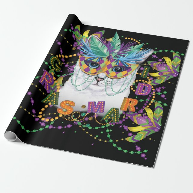 Mardi Gras Cat, Funny Mardi Gras Wrapping Paper (Unrolled)