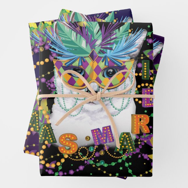 Mardi Gras Cat, Funny Mardi Gras Wrapping Paper Sheet (In situ)