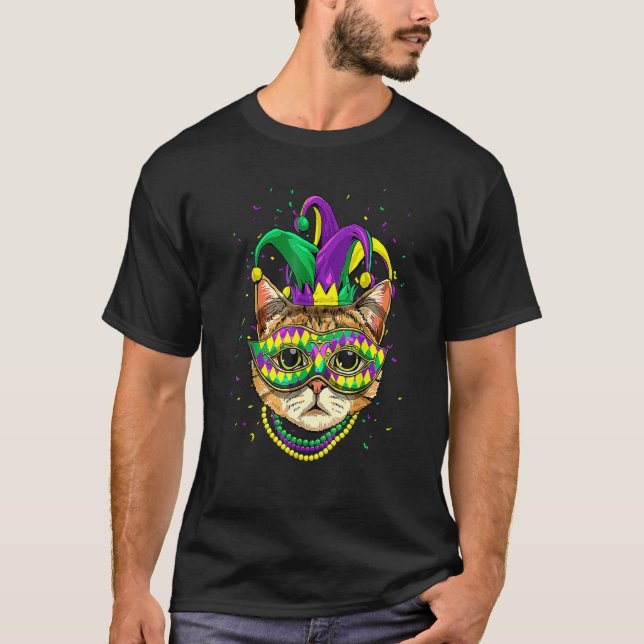 Mardi Gras Cat Mask Carnival Parade Party Cat T-Shirt (Front)