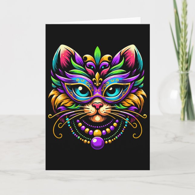 Mardi Gras Cat Wearing Mask Jester Hat Funny Carni Card (Front)