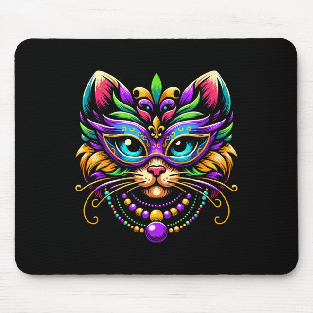 Mardi Gras Cat Wearing Mask Jester Hat Funny Carni Mouse Mat (Front)