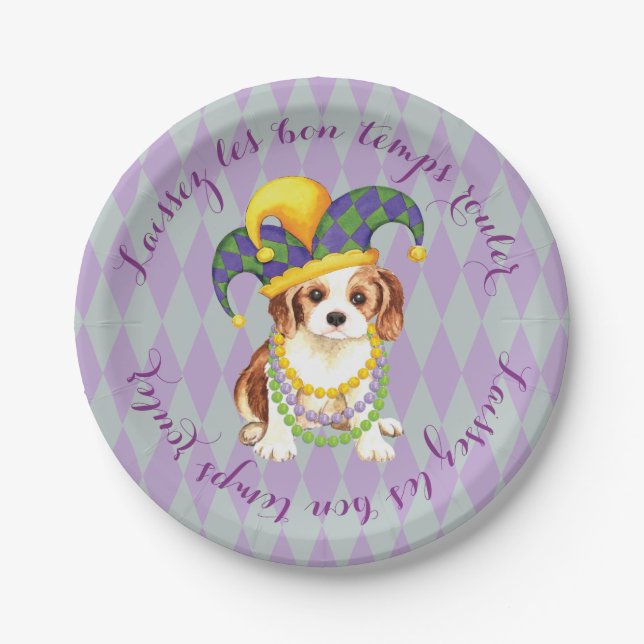 Mardi Gras Cavalier King Charles Spaniel Paper Plate (Front)