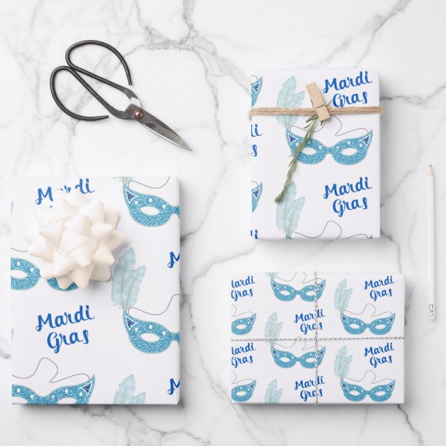 Mardi Gras Celebration Blue Masks Feathers Wrapping Paper Sheet (Front)