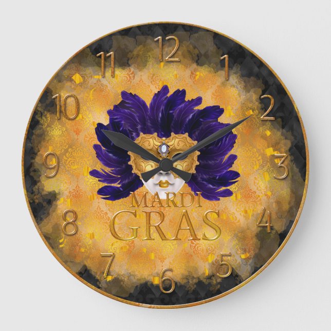 Mardi Gras Clock, Blue Feather Mardi Gras Mask  Large Clock (Front)