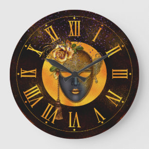 Mardi Gras Clock, Blue Mask Golden Rose  Large Clock