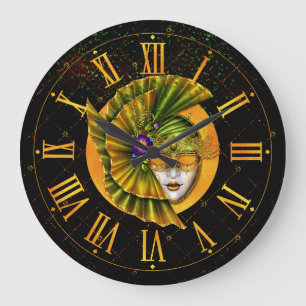 Mardi Gras Clock, Carnival Green Golden Mask  Large Clock