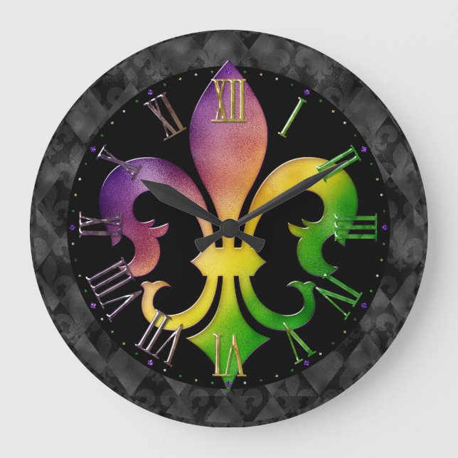 Mardi Gras Clock, Colourful Fleur de Lis  Large Cl Clock (Front)