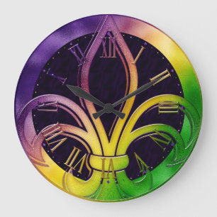 Mardi Gras Clock, Colourful Fleur de Lis Large Clock