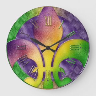 Mardi Gras Clock, Colourful Fleur de Lis Large Clock