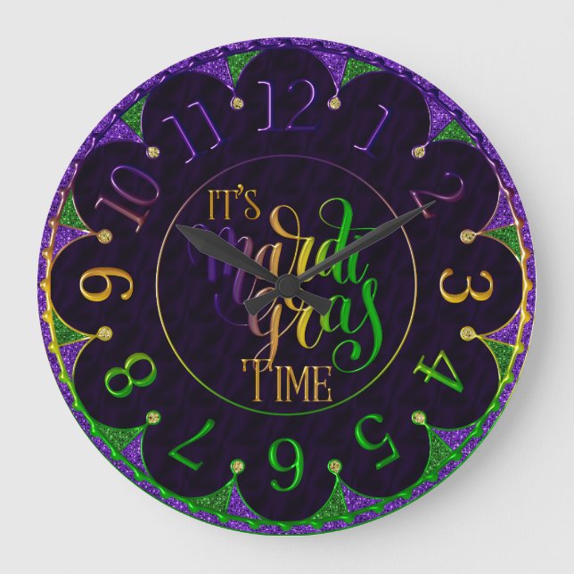Mardi Gras Clock, Colourful It's Mardi Gras Time L Large Clock (Front)