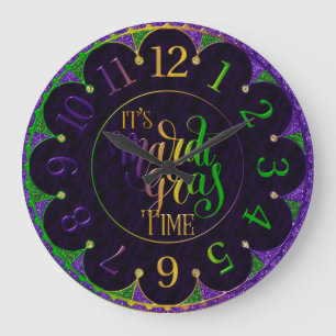 Mardi Gras Clock, Colourful It's Mardi Gras Time Large Clock