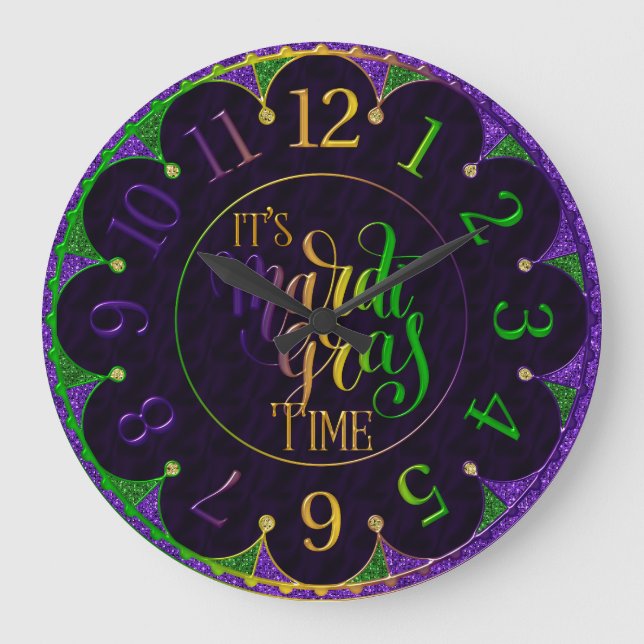 Mardi Gras Clock, Colourful It's Mardi Gras Time Large Clock (Front)