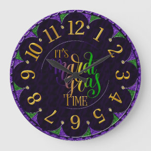 Mardi Gras Clock, Colourful It's Mardi Gras Time Large Clock