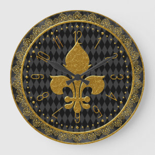 Mardi Gras Clock, Golden Fleur de Lis Large Clock