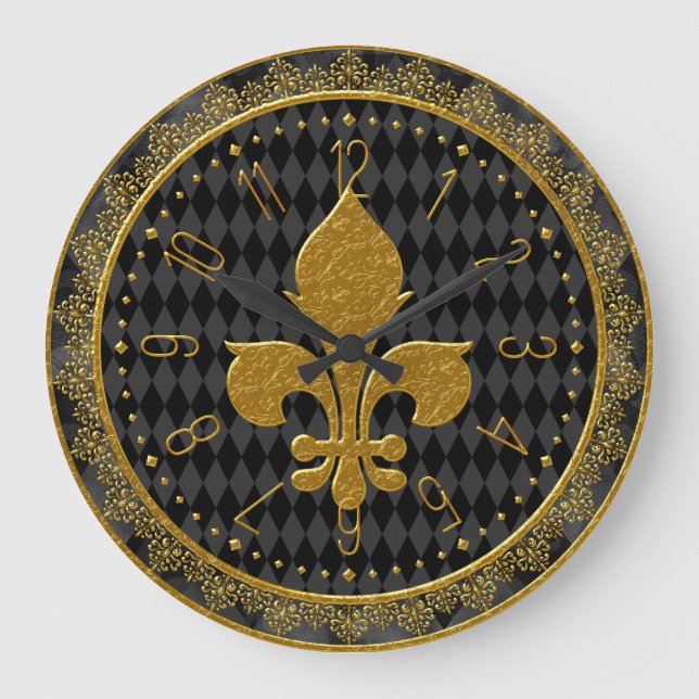 Mardi Gras Clock, Golden Fleur de Lis  Large Clock (Front)