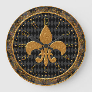 Mardi Gras Clock, Golden Fleur de Lis Large Clock