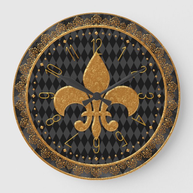 Mardi Gras Clock, Golden Fleur de Lis  Large Clock (Front)