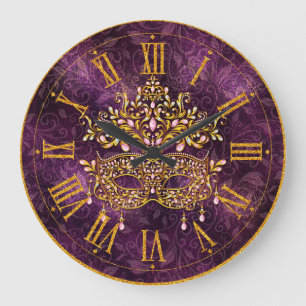 Mardi Gras Clock, Golden Jeweled Mask  Large Clock