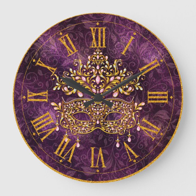 Mardi Gras Clock, Golden Jewelled Mask  Large Clock (Front)