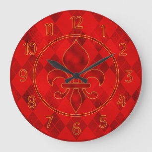 Mardi Gras Clock, Red Mardi Gras Fleur de Lis Large Clock