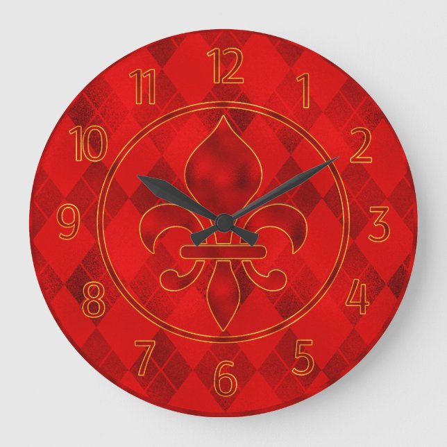 Mardi Gras Clock, Red Mardi Gras Fleur de Lis Large Clock (Front)