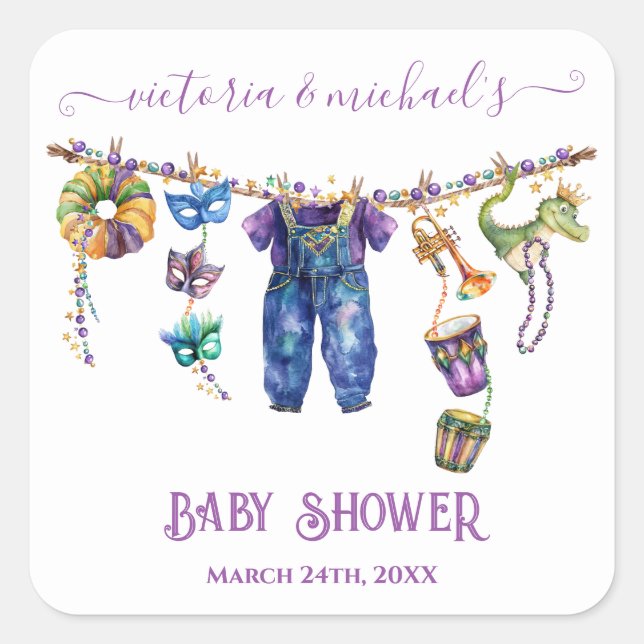 Mardi Gras Clothesline boy Baby Shower Square Sticker (Front)