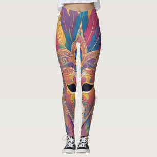 Mardi Gras Colourful Feather Mask on Black Legging
