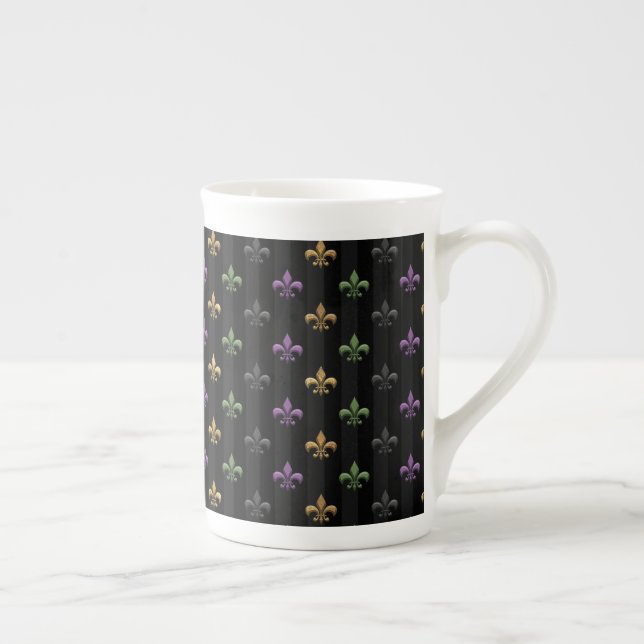 Mardi Gras Colourful Fleur De Lis Dark Vertical Bone China Mug (Right)