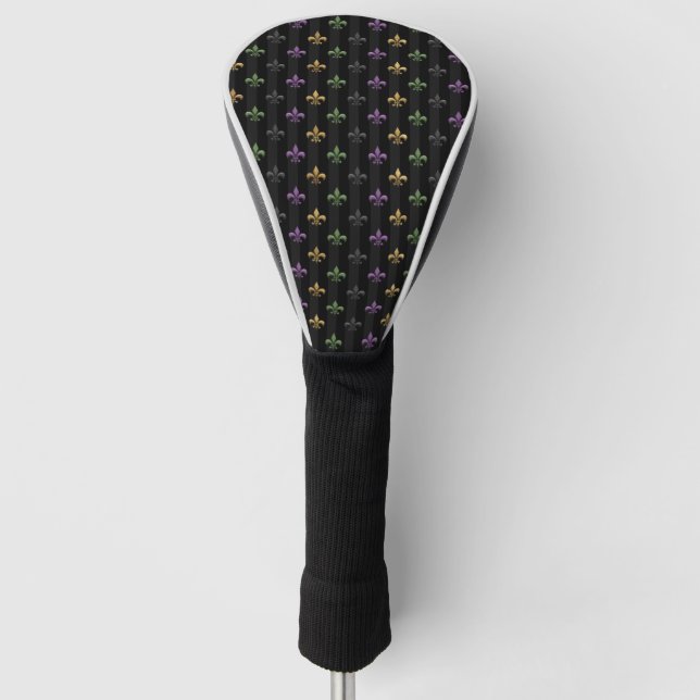 Mardi Gras Colourful Fleur De Lis Dark Vertical Golf Head Cover (Front)