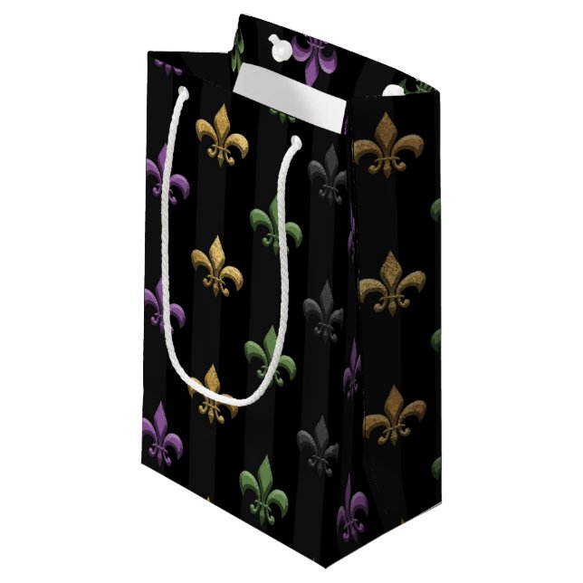 Mardi Gras Colourful Fleur De Lis Dark Vertical Small Gift Bag (Front Angled)