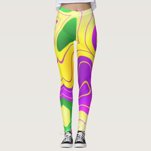 Mardi Gras Colours Abstract Swirly Pattern Leggings (Front)