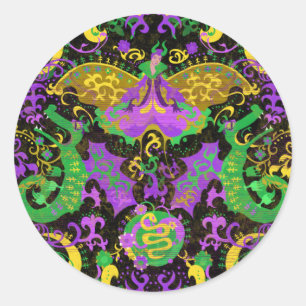 Mardi Gras Colours Damask Dragon, Butterfly, Snake Classic Round Sticker