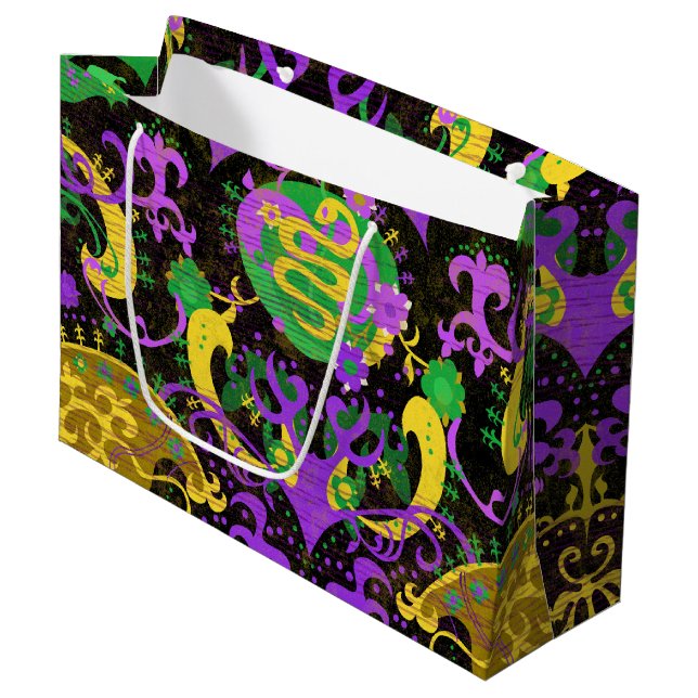 Mardi Gras Colours Damask Dragon, Butterfly, Snake Large Gift Bag (Front Angled)