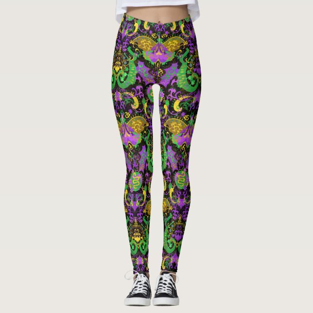 Mardi Gras Colours Damask Dragon, Butterfly, Snake Leggings (Front)