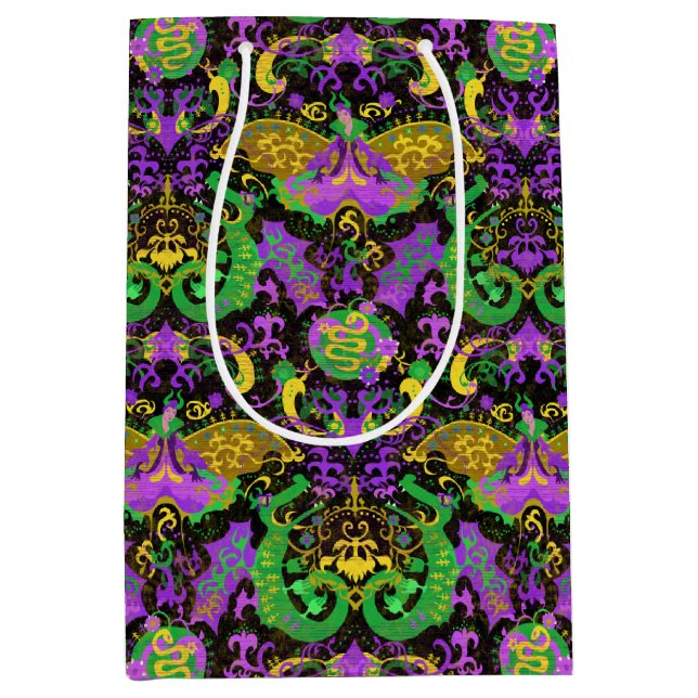 Mardi Gras Colours Damask Dragon, Butterfly, Snake Medium Gift Bag (Front)