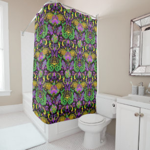 Mardi Gras Colours Damask Dragon, Butterfly, Snake Shower Curtain