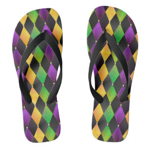 Mardi Gras Colours Diamond Harlequin Argyle - Blac Flip Flops