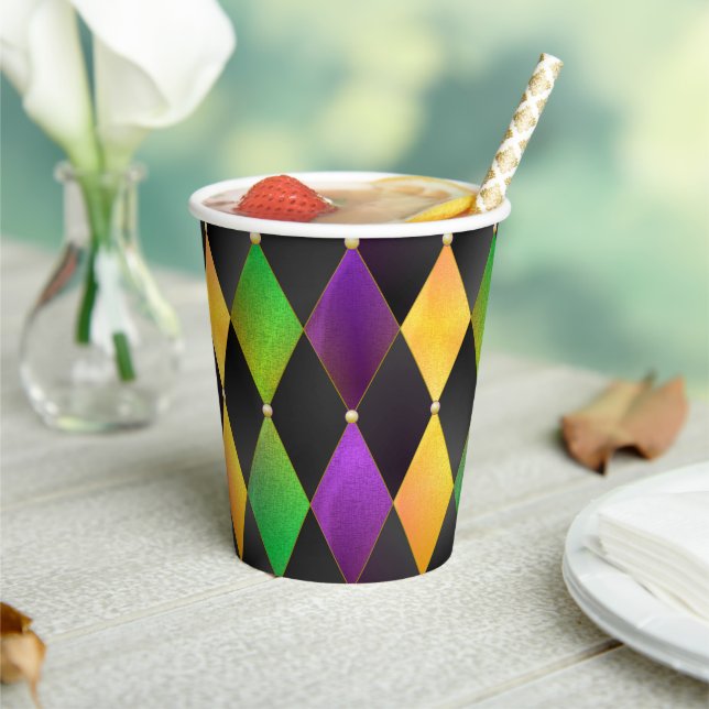 Mardi Gras Colours Diamond Harlequin Argyle - Blac Paper Cups (Insitu)