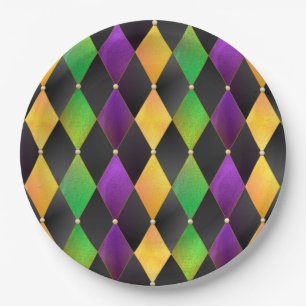 Mardi Gras Colours Diamond Harlequin Argyle - Blac Paper Plate