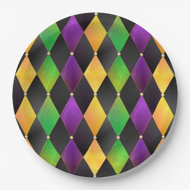 Mardi Gras Colours Diamond Harlequin Argyle - Blac Paper Plate (Front)