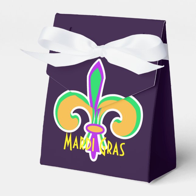 Mardi Gras Colours Fleur De Lis Party Personalised Favour Box (Front Side)