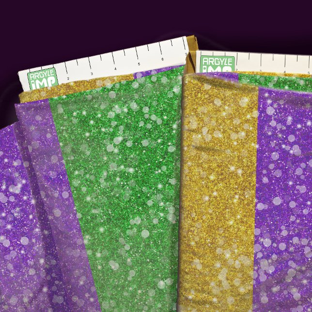 Mardi Gras Colours Glitter Stripe Bling Fabric (close-up with ruler)