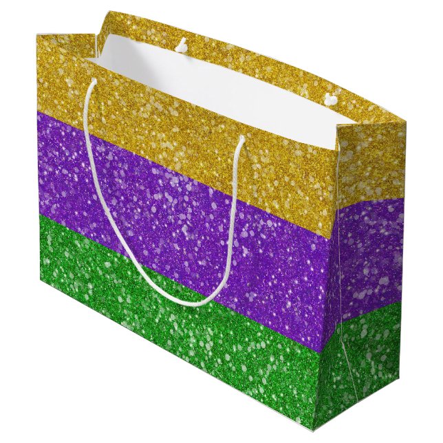 Mardi Gras Colours Glitter Stripe Bling Large Gift Bag (Back Angled)