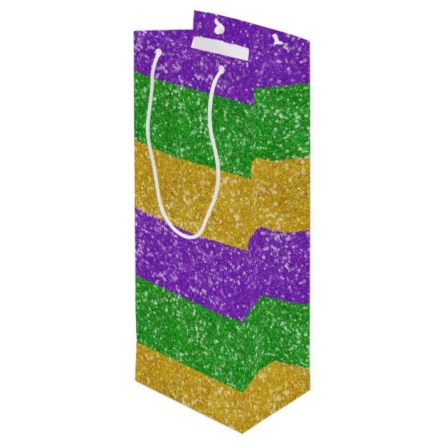 Mardi Gras Colours Glitter Stripe Bling  Wine Gift Bag (Back Angled)