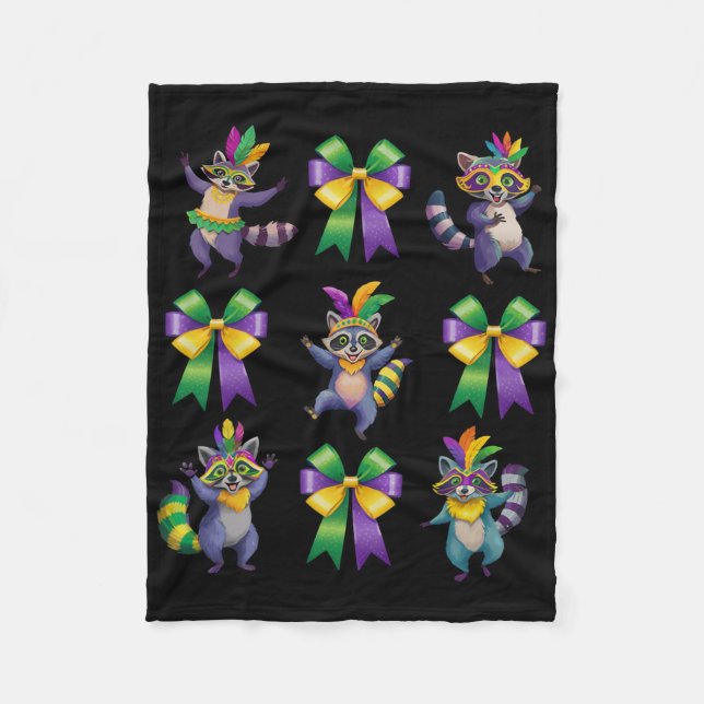 Mardi Gras Coquette Bow Cute Racoon Dancing Trash Fleece Blanket (Front)